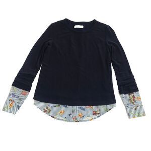 Wool Shirt Tails Sweater Bailey 44 XS Navy Floral Ruched Sleeves 2 Ply Preppy